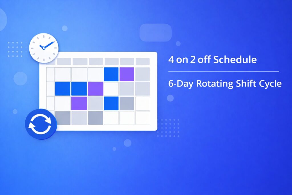 4 on 2 off schedule calendar showing the 6-day rotating shift pattern with 3 teams