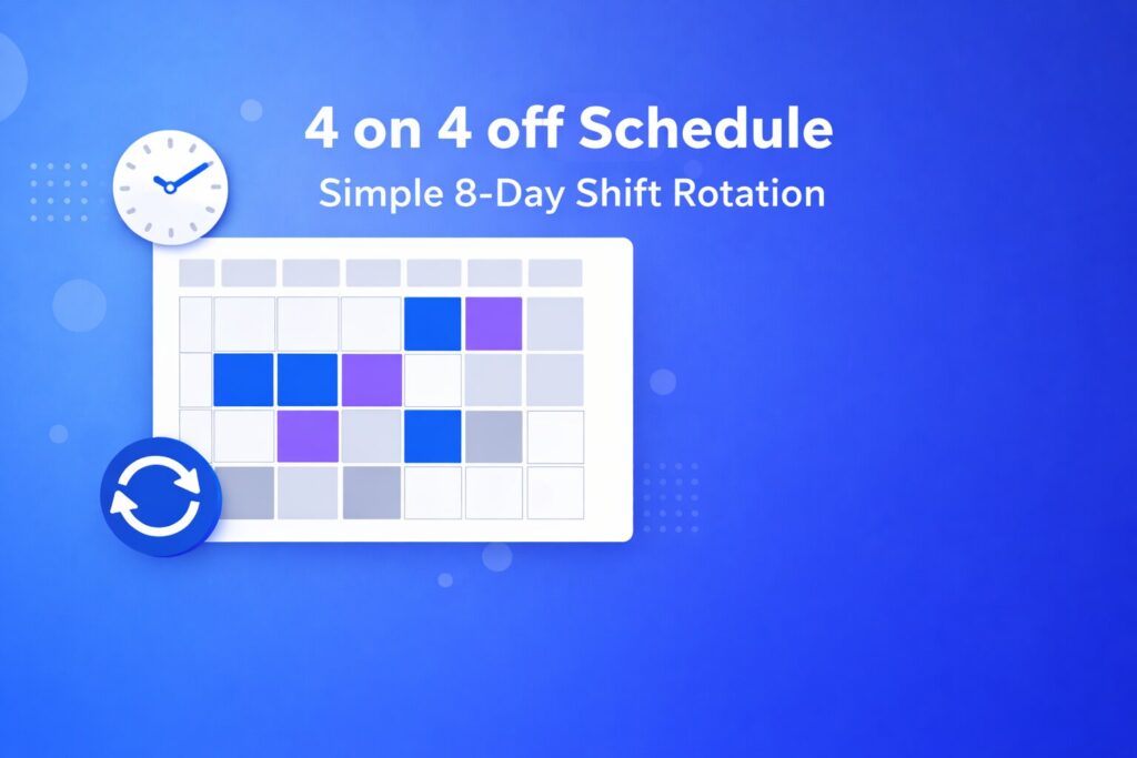 4 on 4 off schedule calendar showing the simple 8-day rotating shift pattern with 2 teams and 12-hour shifts