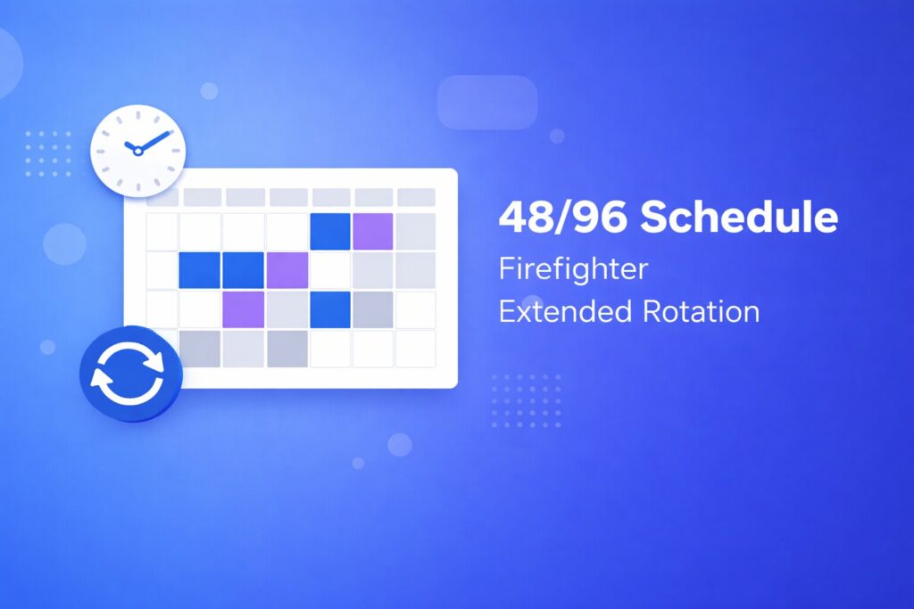 48/96 firefighter schedule calendar showing the 6-day rotation with 48 hours on duty and 96 hours off