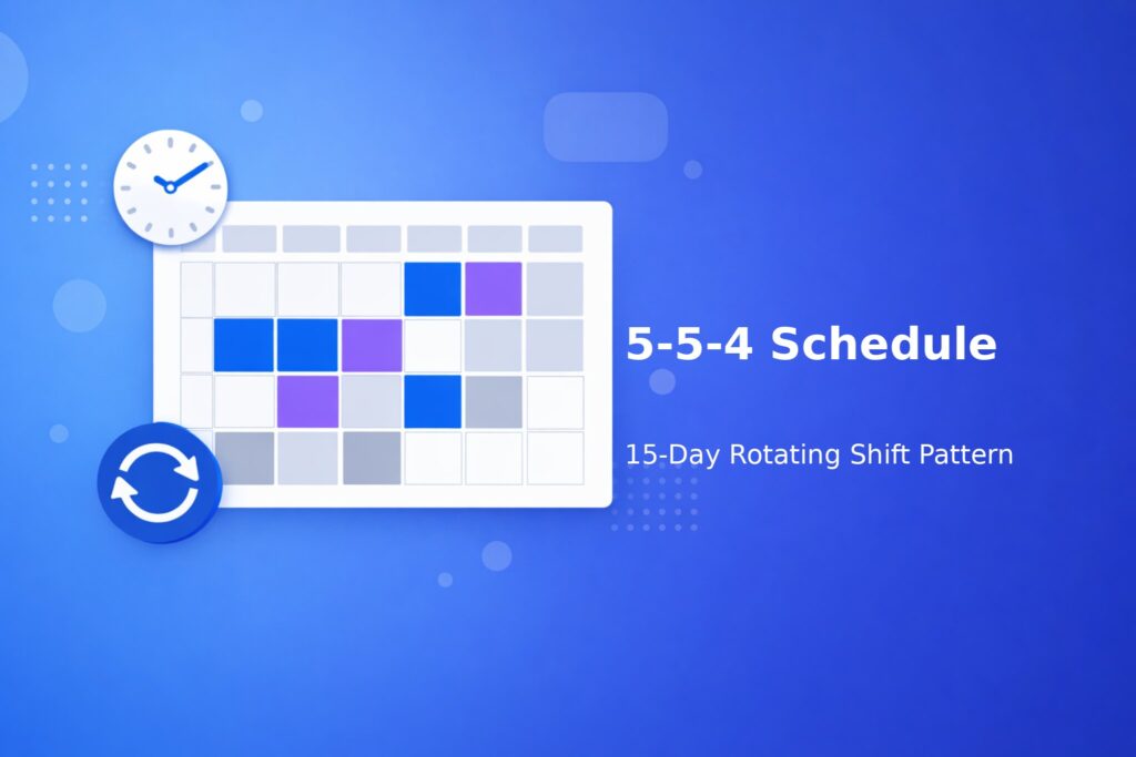 5-5-4 schedule calendar showing the 15-day rotating shift pattern with 12-hour shifts and 3 teams