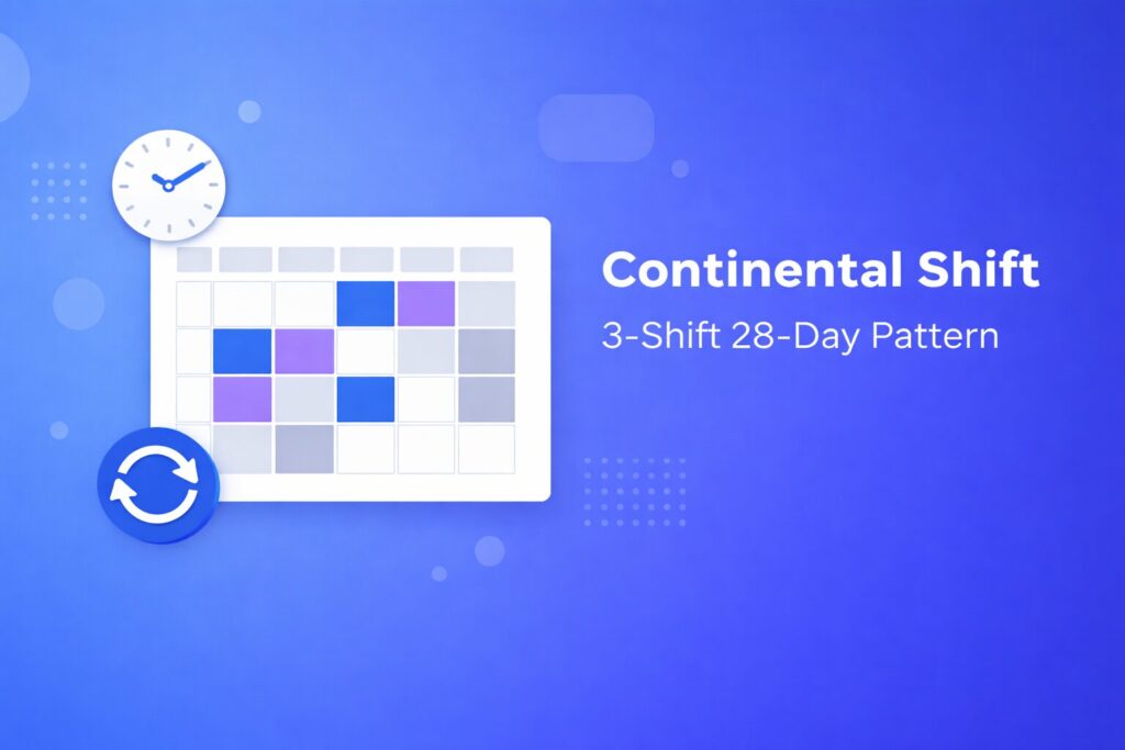 Continental shift pattern calendar showing the 28-day rotation with 8-hour shifts across morning, afternoon, and night for 4 teams