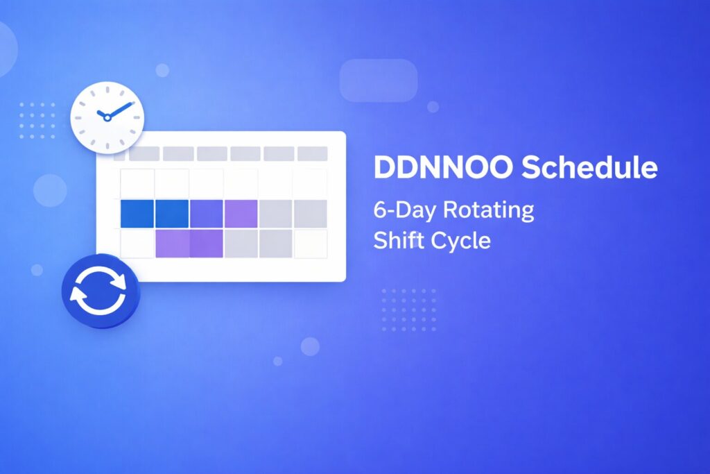 DDNNOO schedule calendar showing the 6-day rotating shift pattern with 2 day shifts, 2 night shifts, and 2 days off