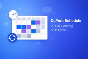 DuPont schedule calendar showing the 28-day rotating shift cycle with 4 teams, 12-hour shifts, and 7-day rest period