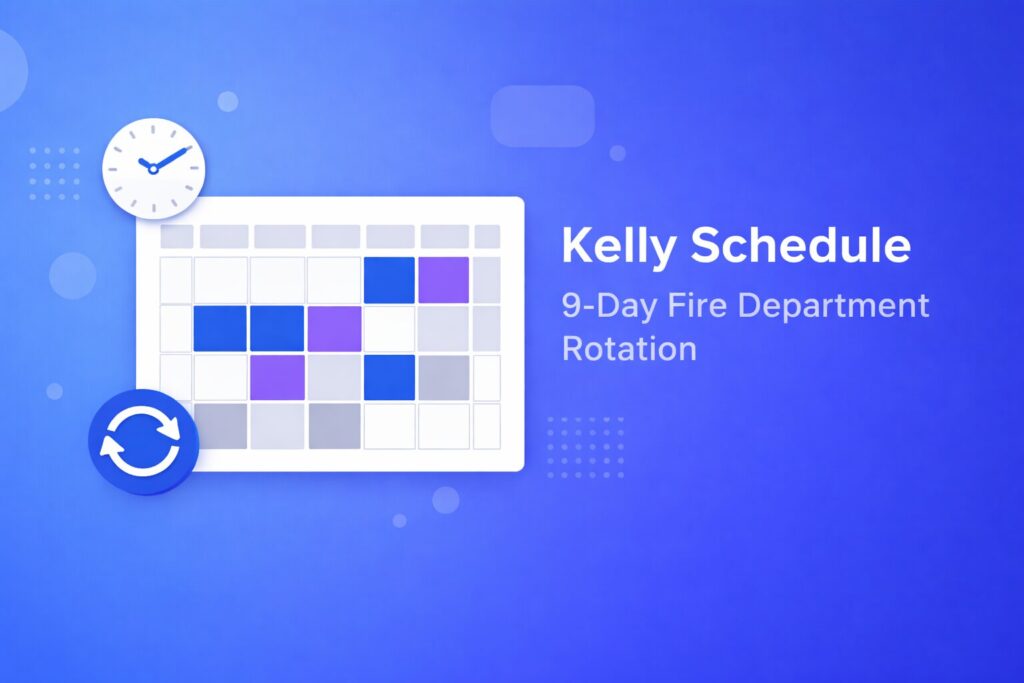 Kelly schedule calendar showing the 9-day fire department rotating shift pattern with 24-hour shifts and 3 teams