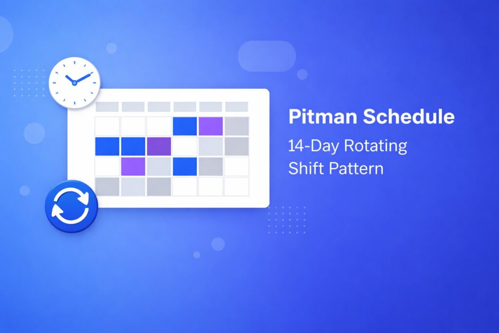 Pitman schedule calendar showing the 14-day rotating shift pattern with 4 teams and 12-hour shifts